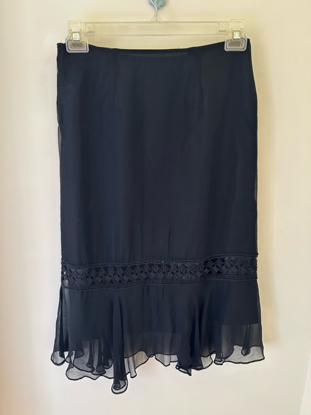 Vintage 90s Black Silk Midi Skirt with Crochet and Beaded Details
Size: M
GUC - Picture 9 of 12